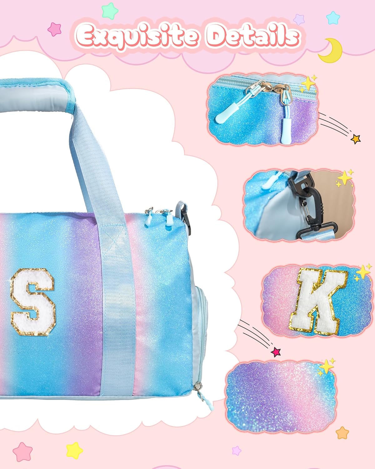 Girls Cheer Up Gifts-Girl Gym Bag with Shoe Compartment, Kid Personalized Weekender Overnight Bags, Initial Travel Tote with Makeup Pouch, Graduation Gift for Niece Kids Daughter (Letter K)