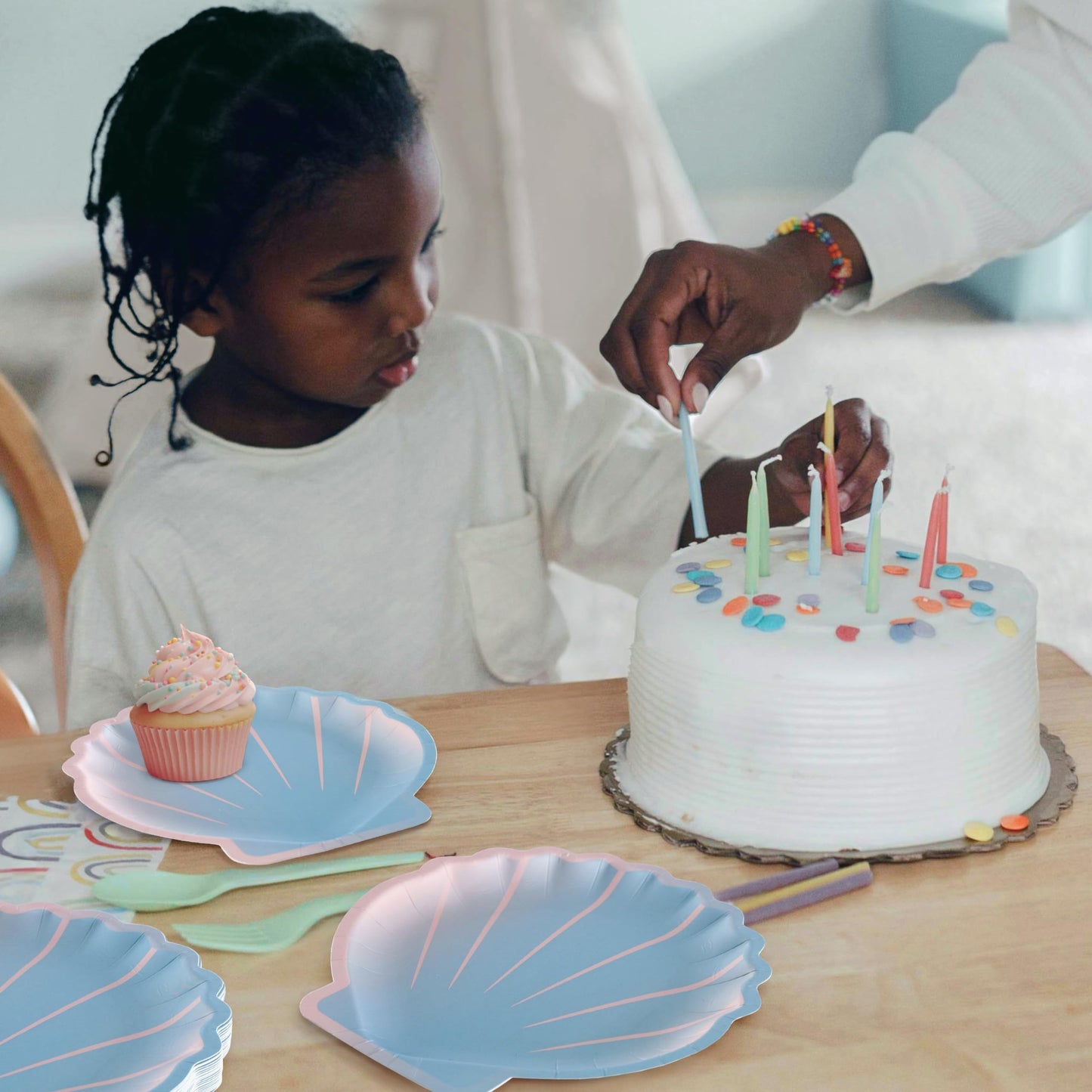 Cheerland Shell Plates Mermaid Plates for Mermaid Birthday Decorations Under the Sea Party Ocean Themed Party Iridescent Paper Seashell Dessert Plate for Kids Girls Beach Tableware 24 Pcs