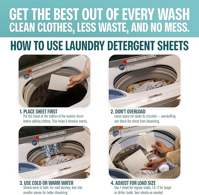 Sudstainables Laundry Detergent Sheets 60 Loads – Dissolvable Laundry Sheet for Washing Machines, Compact Alternative to Liquid & Powder Detergent, Travel-Friendly Soap | Fragrance Free