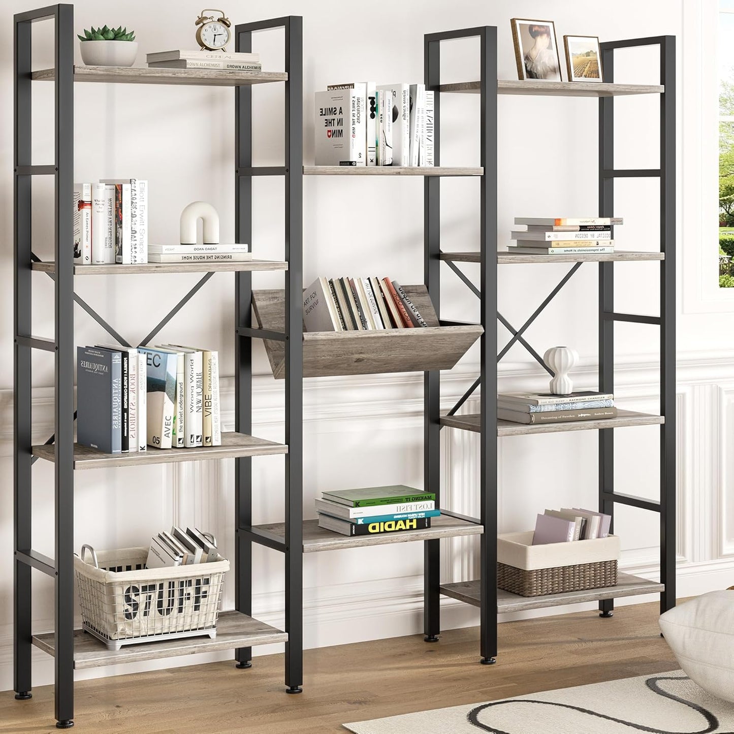 Shintenchi Industrial Bookcase,71.6” Triple 4 Tier Bookshelf with 11 Open Display Shelves,Large Etagere Bookshelf Open Record Player Shelves,Wide Book Shelf Book Case for Home & Office, Grey
