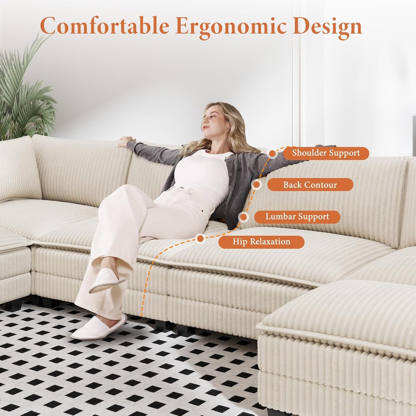 Vesgantti 109" U Shaped Cloud Sectional Sofa, Comfy Corduroy Upholstered Sectional Modular Sofas for Living Room, Modern Modular Couch with 2 Ottoman Deep Seat, Beige