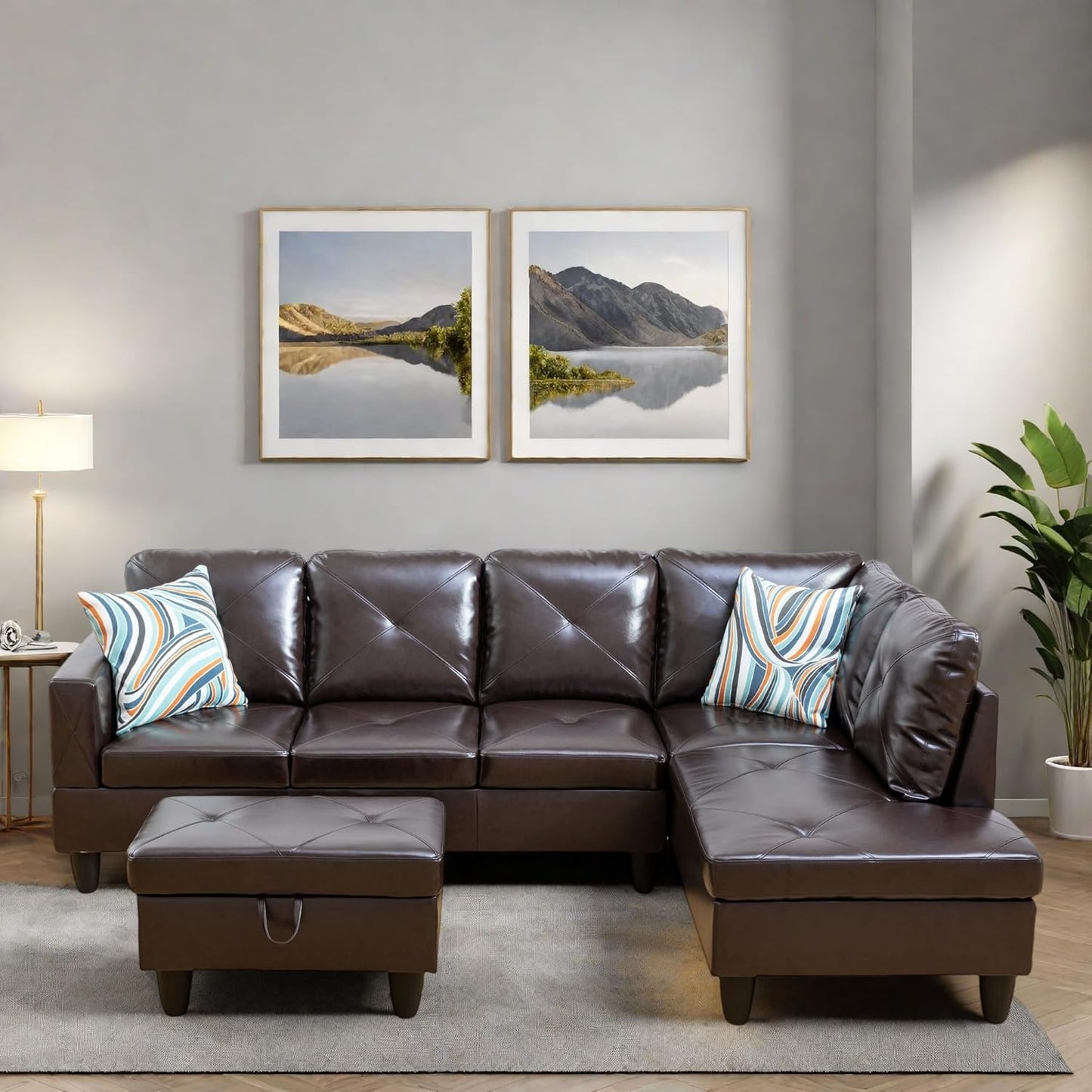 L Shaped Sectional Couches, Modern Modular Sectional Sofa for Living Room Bedroom Furniture, Cozy 4 Seat Couch with Ottoman Storage & Chaise, Brown