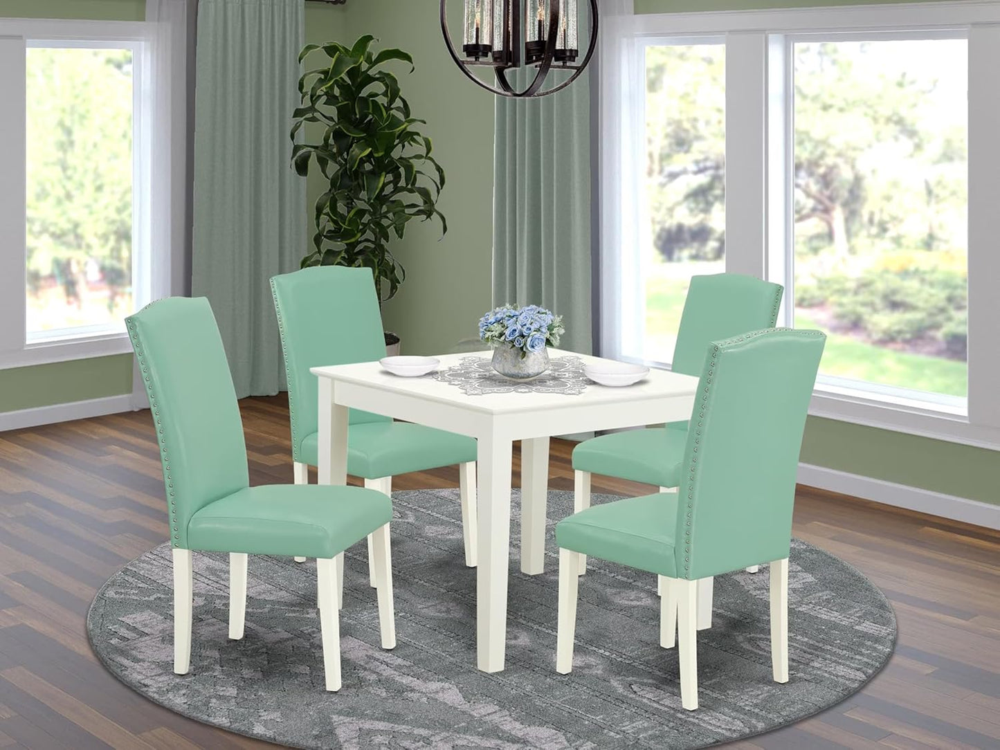 East West Furniture OXEN5-LWH-57 5 Piece Kitchen Table & Chairs Set Includes a Square Dining Room Table and 4 Pond Faux Leather Parsons Dining Chairs, 36x36 Inch, Linen White