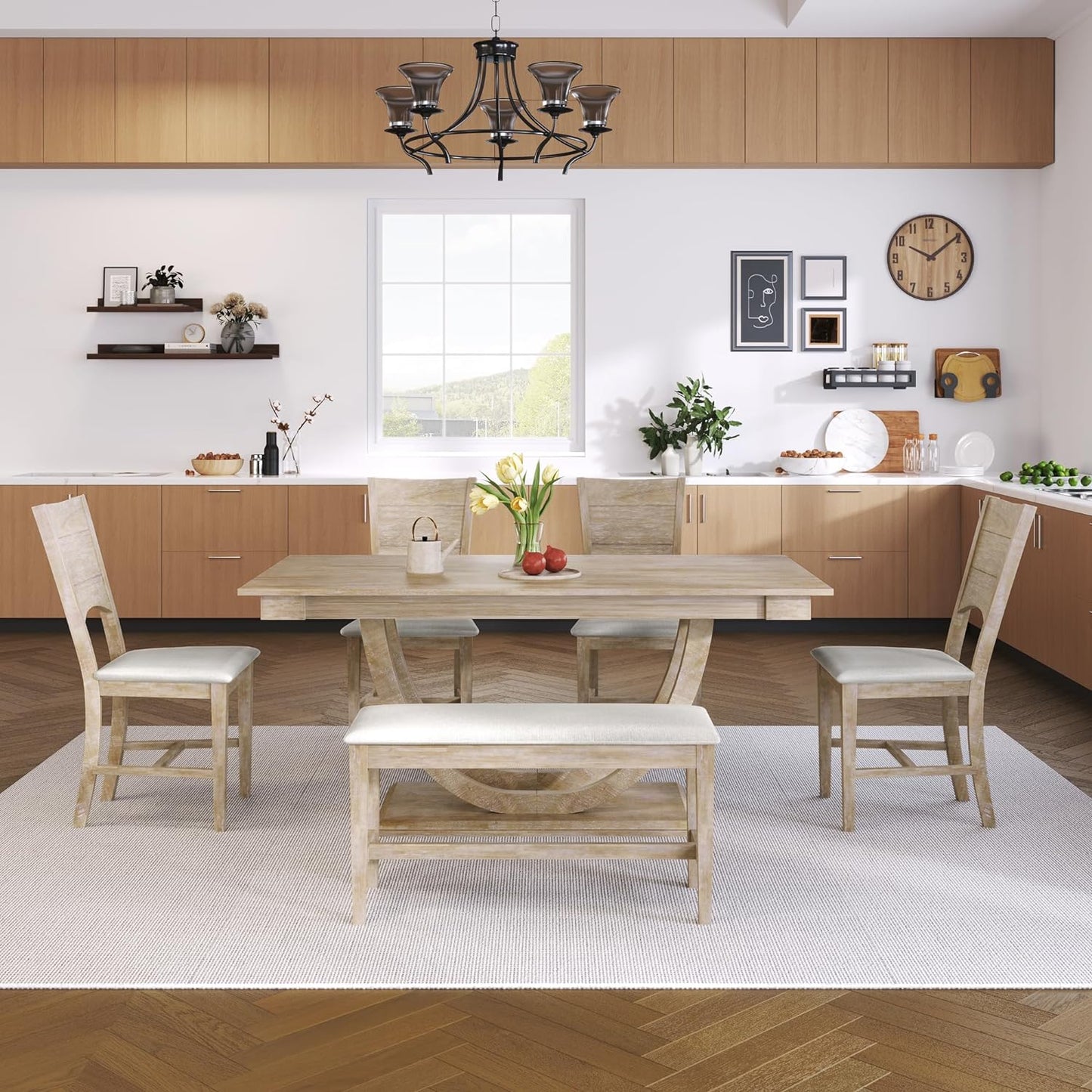 Ball & Cast 6 Piece Dining Table Set with 4 Upholstered Chairs & 1 Bench,Wooden Living Room Furniture for 6 W/ 59.1" Rectangle Kitchen Desk,for Restaurant,Home Bistro,Natural Wood