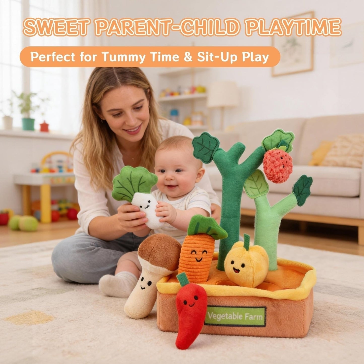 Baby Sensory Toys Plush Fruits and Vegetables, Plush Farm Developmental Toys 6-12 Months for Toddlers with Crinkle Rattle Squeaker Textures, 9 PCS Pull Out Fine Motor Skill Toddler Learning Toys