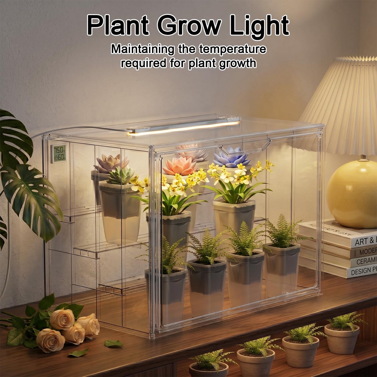 Clear Mini Indoor Greenhouse, Small Tabletop Portable Green House with Magnetic Door, Grow Light and Hygrometer, Stackable (Plants and Pots are not Included)