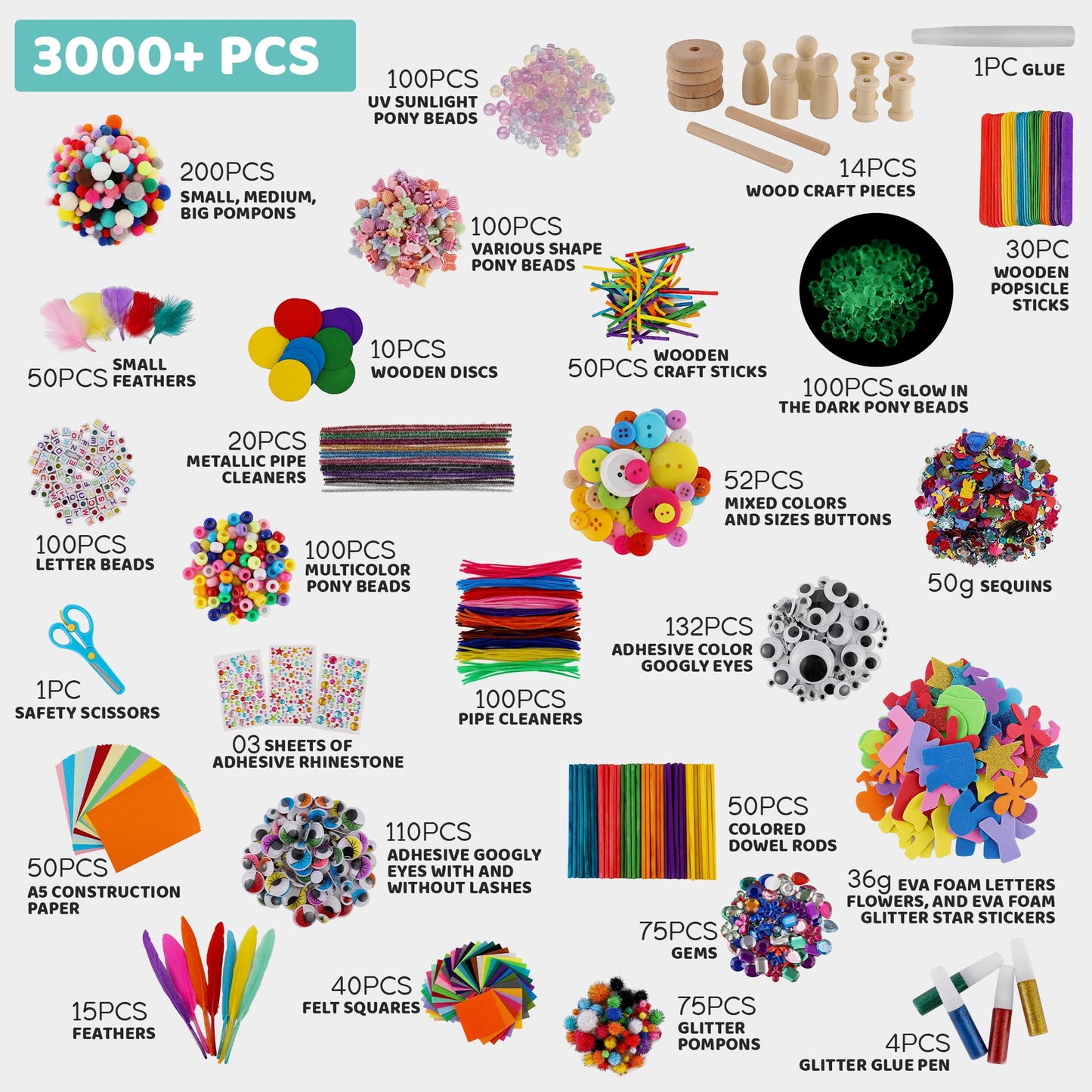 A&R CO. 3000+ Pcs Arts and Crafts Supplies & Materials for Kids - Ultimate Bulk Craft Kit for Boys & Girls with 99 Activities Book for Ages 3-5, 4-6, 6-8, 8-12