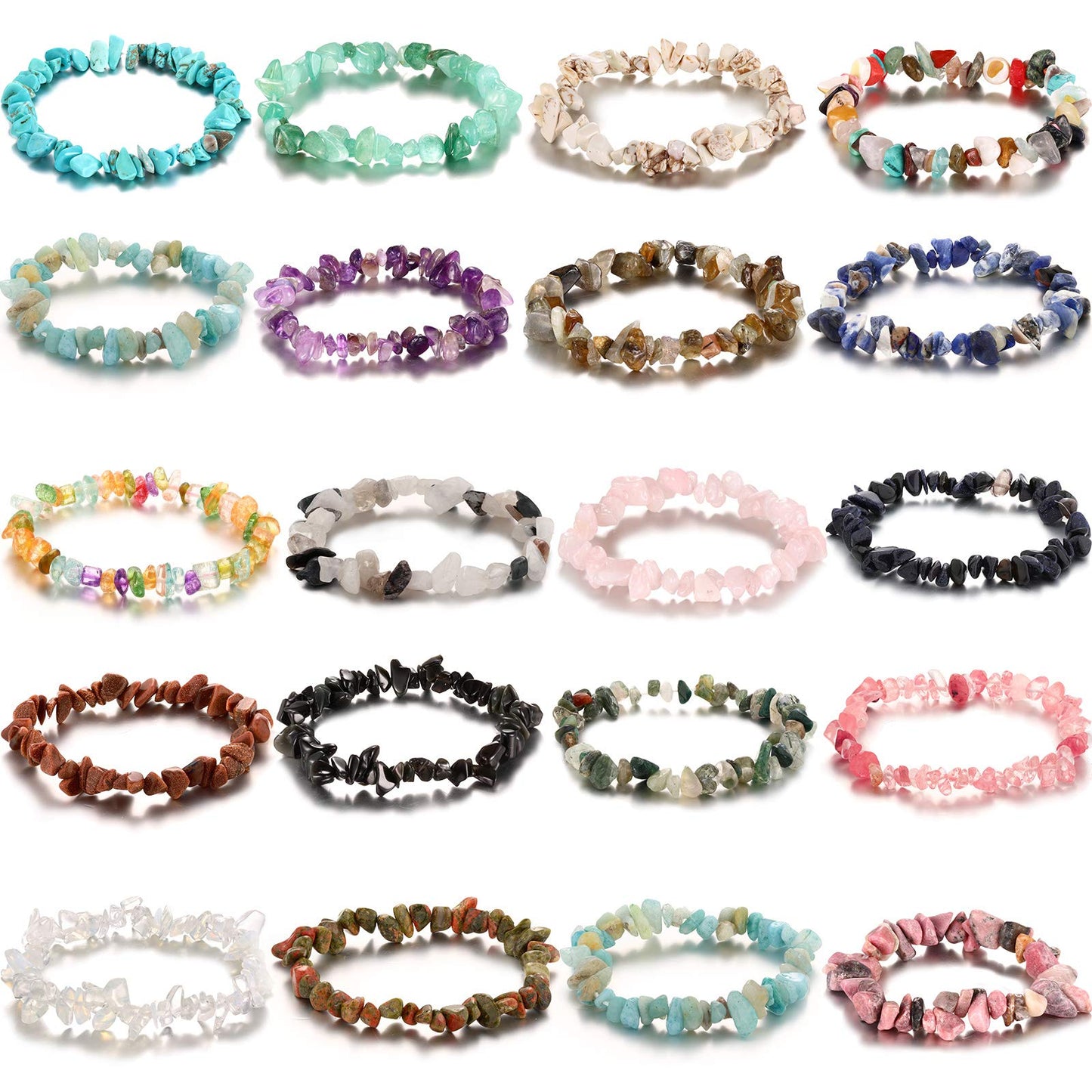 Hicarer 20 Pieces Crystal Stretch Chip Bracelets Bulk Natural Gemstone Chakra Bracelets for Women Reiki Yoga Anxiety(Classic Style)