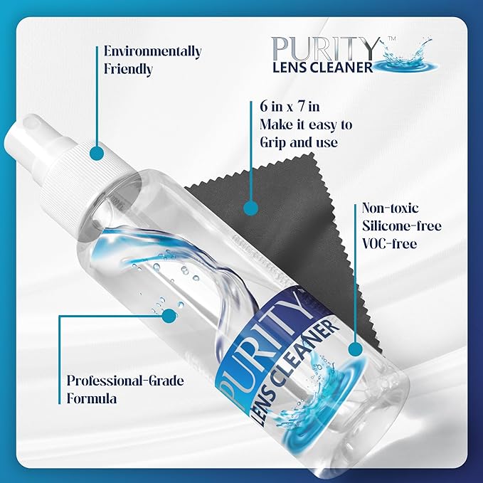 Purity Eyeglass Lens Cleaner Kit - 3 x 1oz Travel Size Lens Cleaner Spray Bottle + 2 Microfiber Cleaning Cloths - Safe for All Lenses (AR Coated Included), Eyeglasses and Screens - Clear