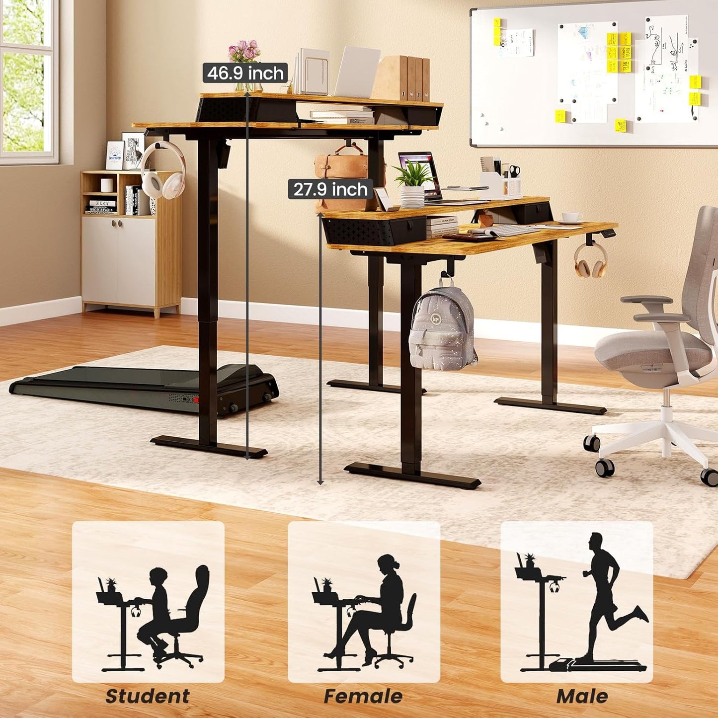 Standing Desk With Drawers and Brushless Motor,Electric Height Adjustable desk for Walking Pad,Ergonomic Stand Up Desk for Home Office & Gaming,3 Memory Height Preset & Hooks(48" x 24",Rustic Brown)