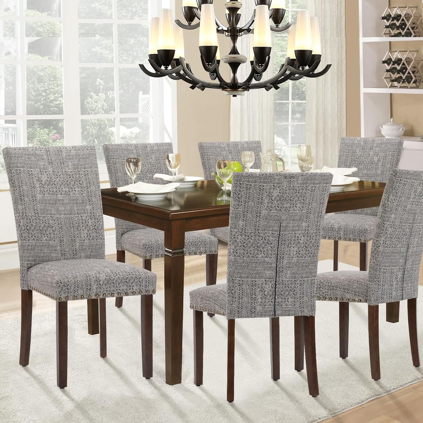 Parsons Dining Chairs Set of 6, Upholstered Nailhead Dining Room Kitchen Side Chair with Thick Cushions and Wood Legs, Black/White