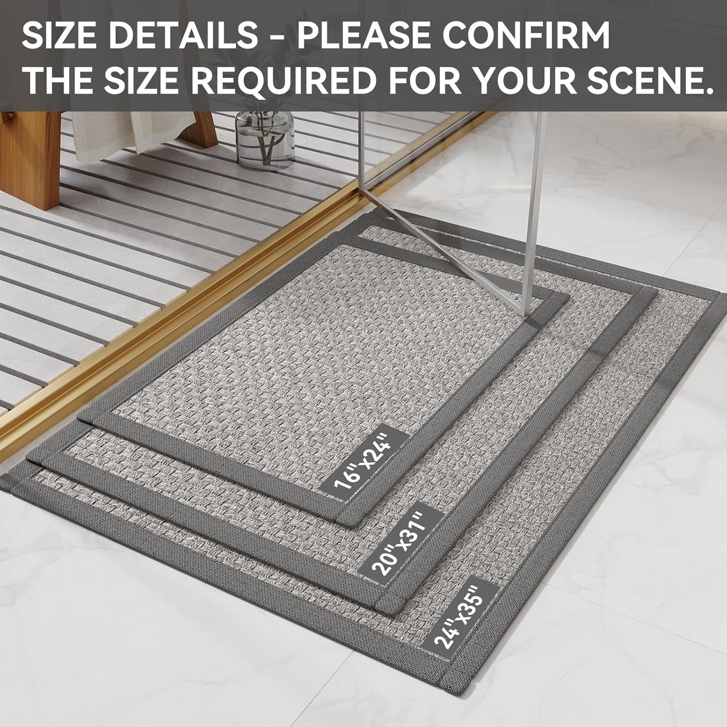 Non Slip Bath Mat Bathroom Rugs, Soft Jute-Like Ultra Thin Bath Mats, Rubber Backing Super Absorbent Quick Dry Bath Rug Shower Mat Fit Under Door Bathroom Floor, Machine Washable, Gray 16" x 24"
