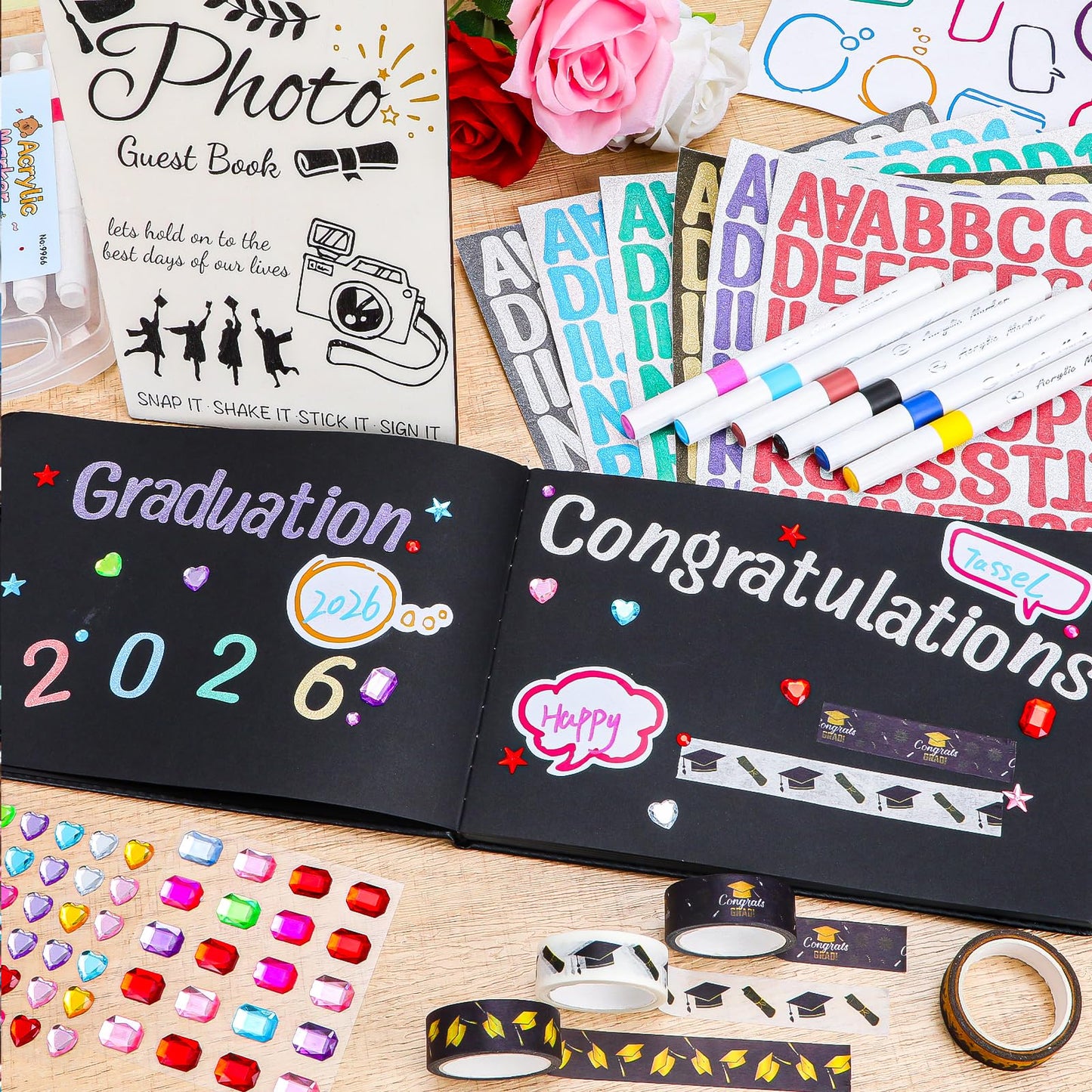 LUYI 29 Pcs 2026 Graduation Guest Book Set with Graduation Photo Guest Book Sign, Graduation Scrapbook Photo Album Memory Book DIY Kit with Markers Stickers for Congrats Grad Gifts Party Supplies
