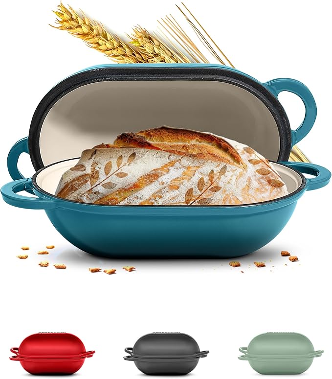 Signature Enameled Cast Iron Sourdough Bread Oven | Non-Stick with Tight Fitting Lid for Perfect Baking and Bread Making | 2QT Oval Oven With Lid [Ocean Blue]