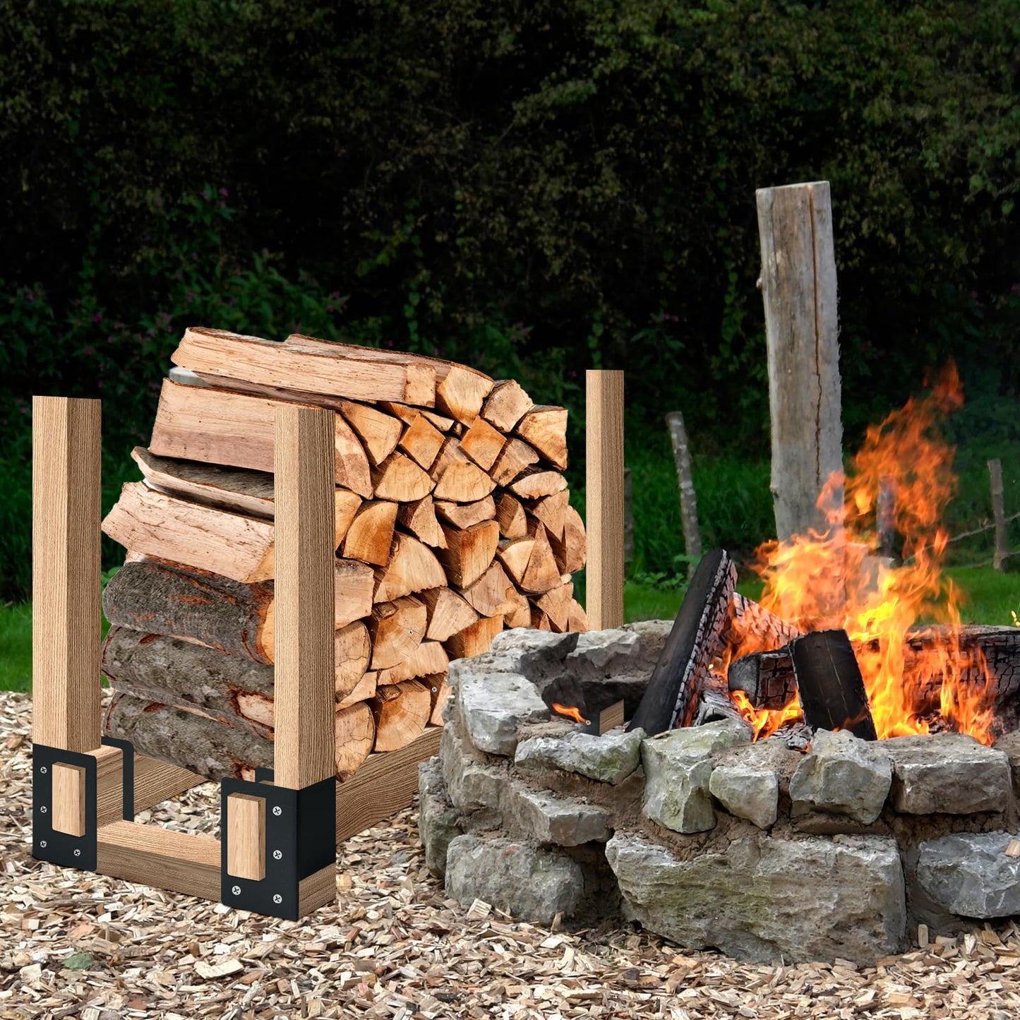 YVHFWOY Firewood Log Storage Rack Bracket 4 Pack,Fireplace Wood Storage Holder,Indoor Outdoor Adjustable Heavy Duty Powder Coated Steel Holder with Wood Screws