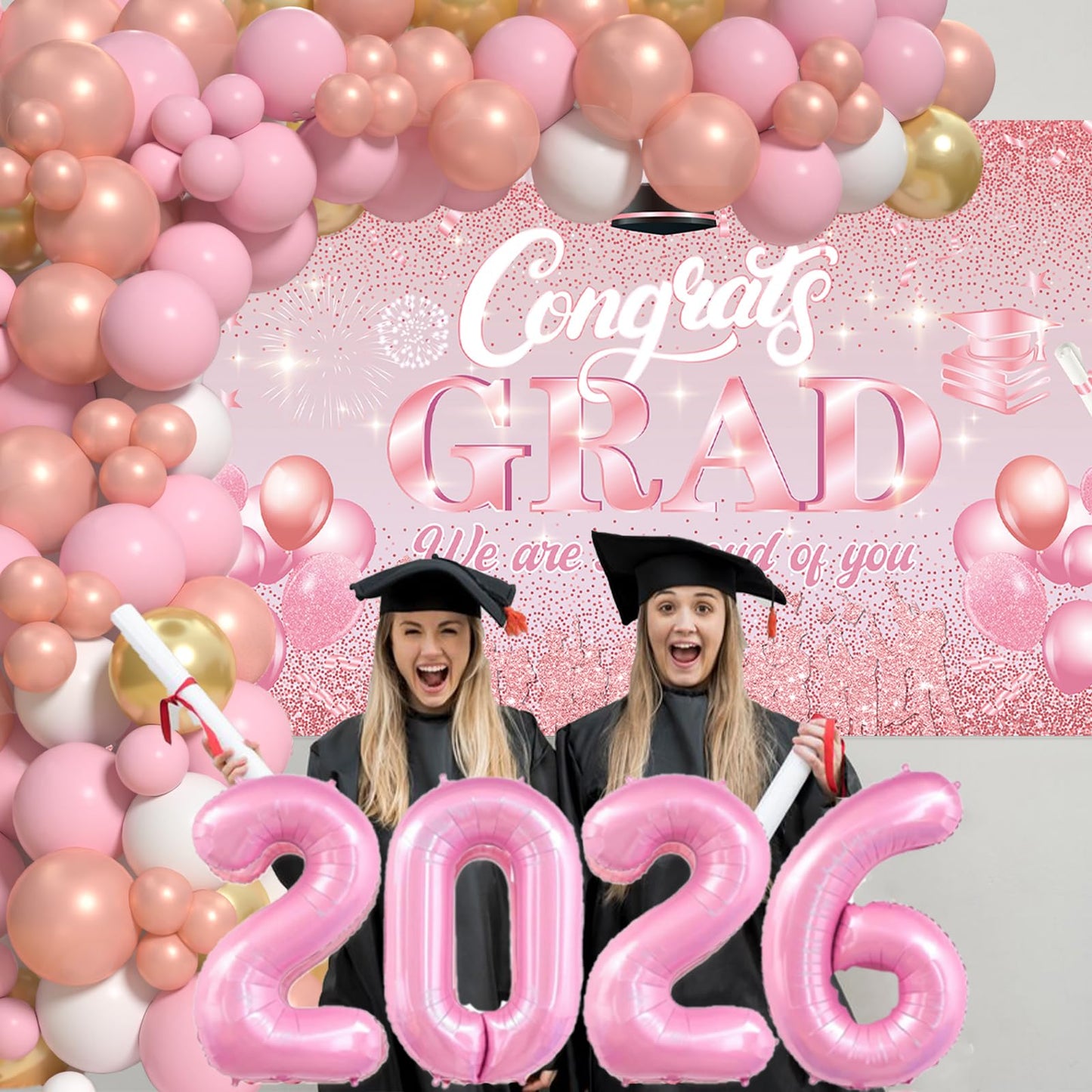 Pink Graduation Decorations Class Of 2026 - Graduation Balloon Arch Kit With Pink Rose Gold Balloons, Grad Backdrop, 2026 Foil Balloons For Girls High College School Decor