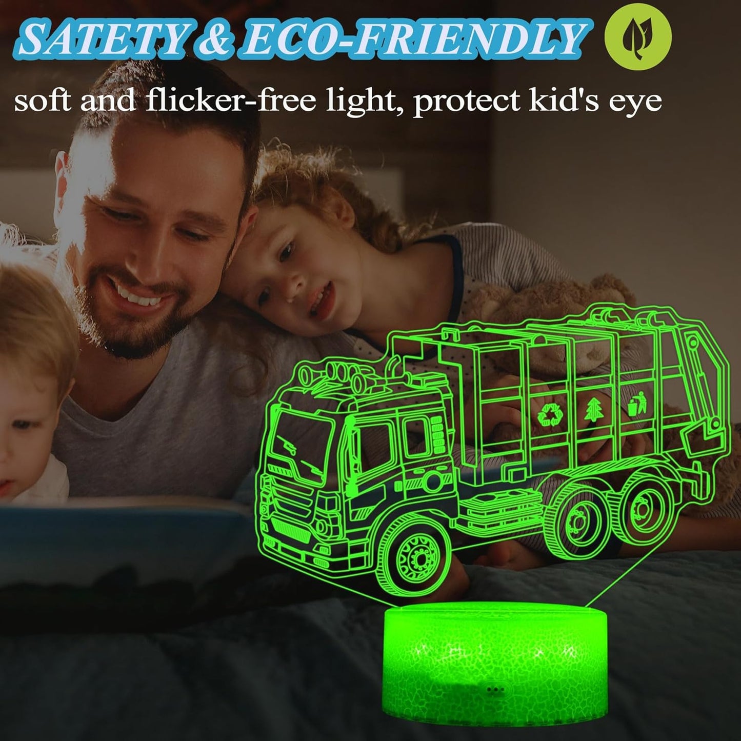 Garbage Truck Night Light, Garbage Truck Car Gifts, Sanitation Truck 3D Illusion Lamp with 16 Colors Changing, Timer, 4 Flash Modes and Dimmable, Kids Boys Girls Room Decoration, Holiday Xmas Gifts