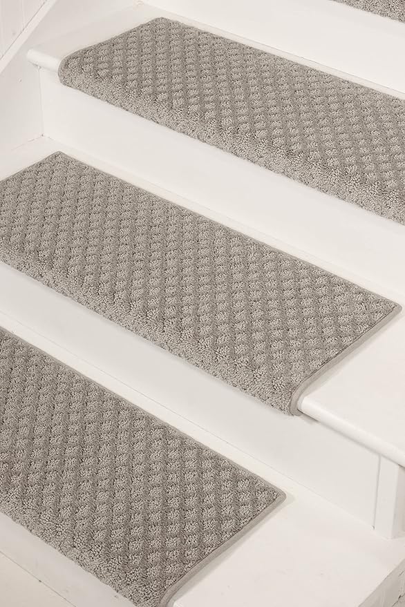 Oak Valley Designs™ Rounded Bullnose Carpet Stair Treads - Anti Slip Indoor Stair Mats for Wooden Stairs, Style: Bayside Charm, Light Grey 31" W X 9.75" D (Set of 14)