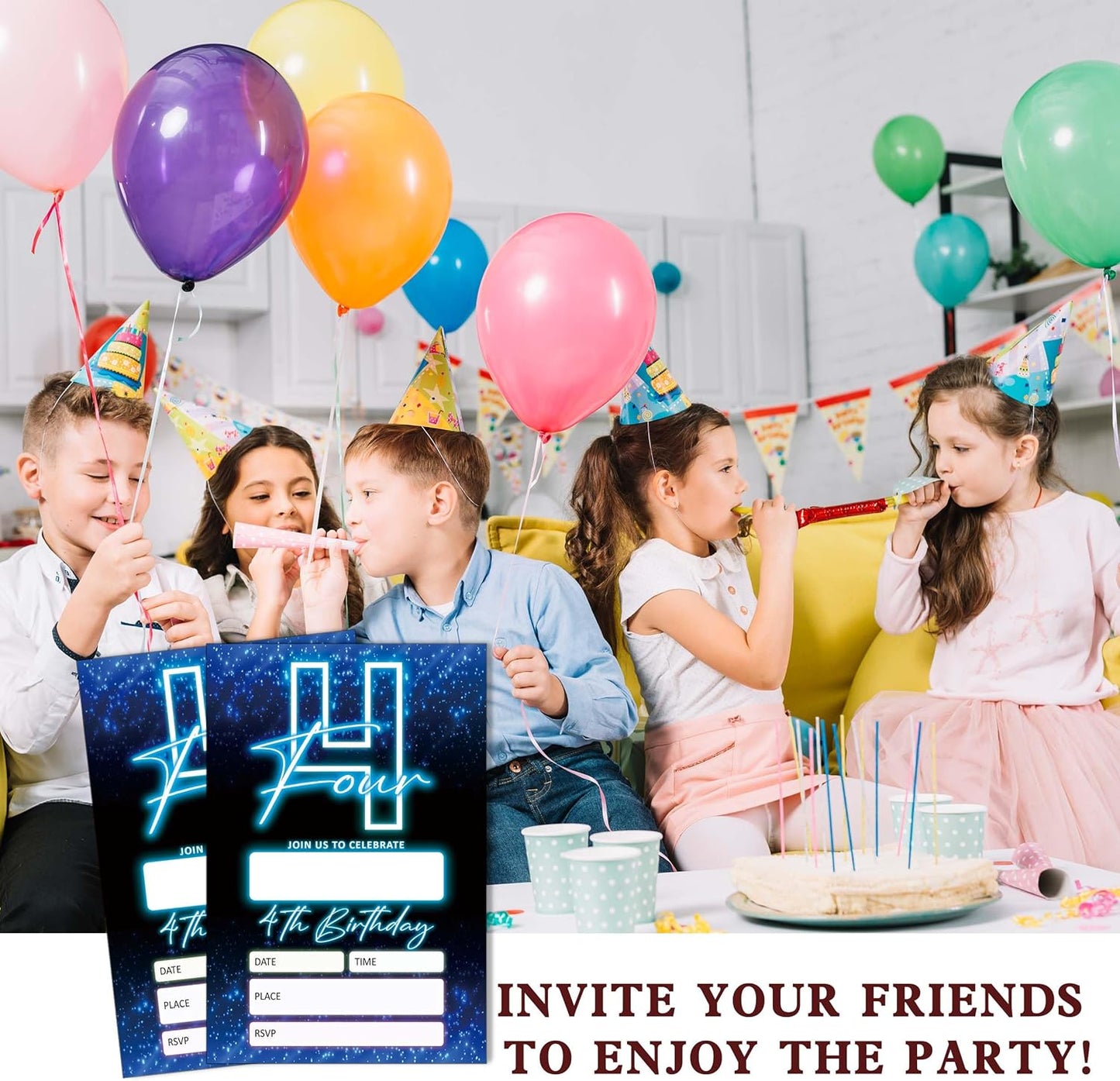 SIXEIGHT Blue 4th Birthday Invitations for Boys, Neon Glow Party Invitations for Girls Kids, 20 Pack Double Sided Invite Cards with Envelopes, 4th Glow Neon Birthday Party Decorations, 4x6 Inch-C04