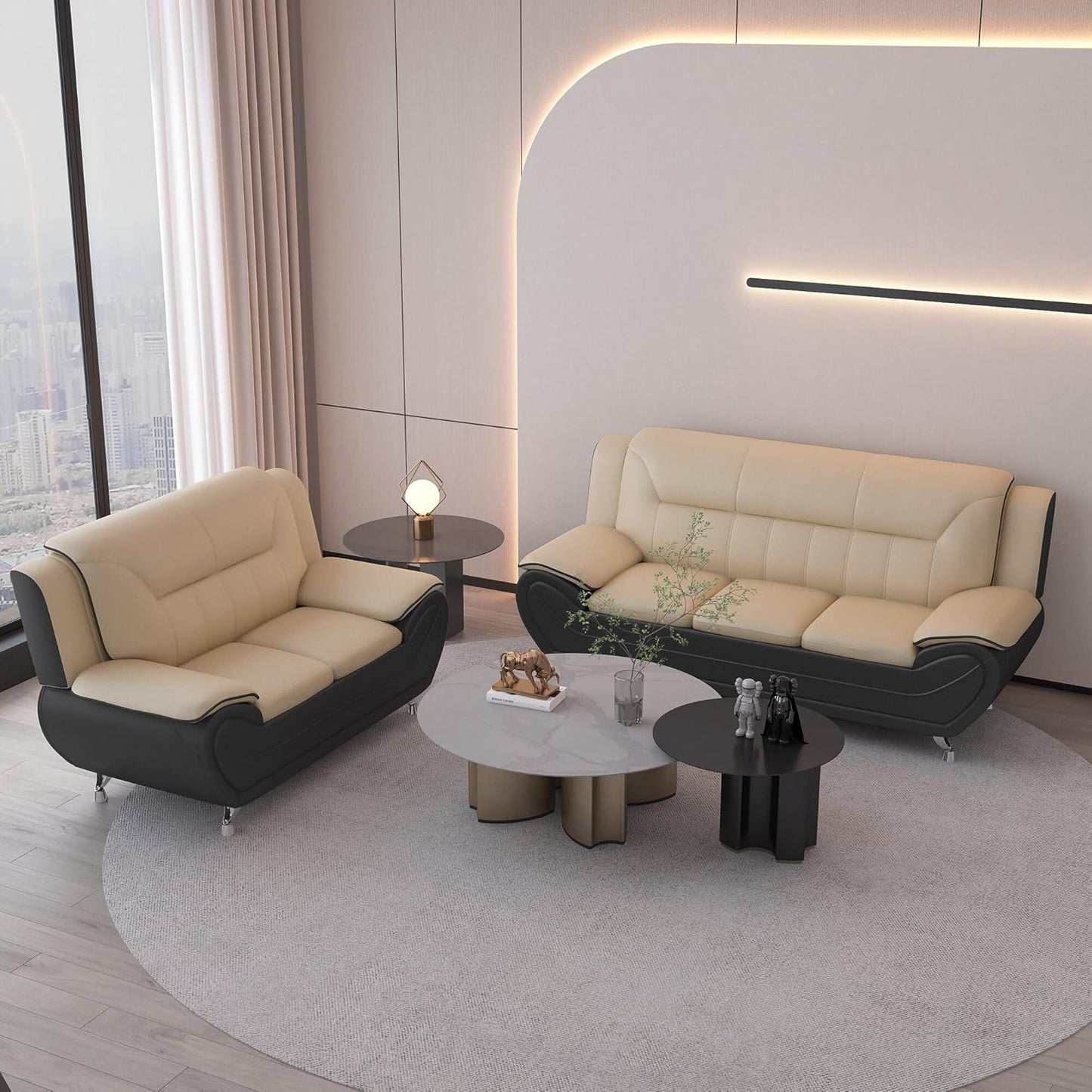 Container Furniture Direct Michael Modern Faux Leather Upholstered Stainless Steel Legs Living Room Sofa, Black Camel