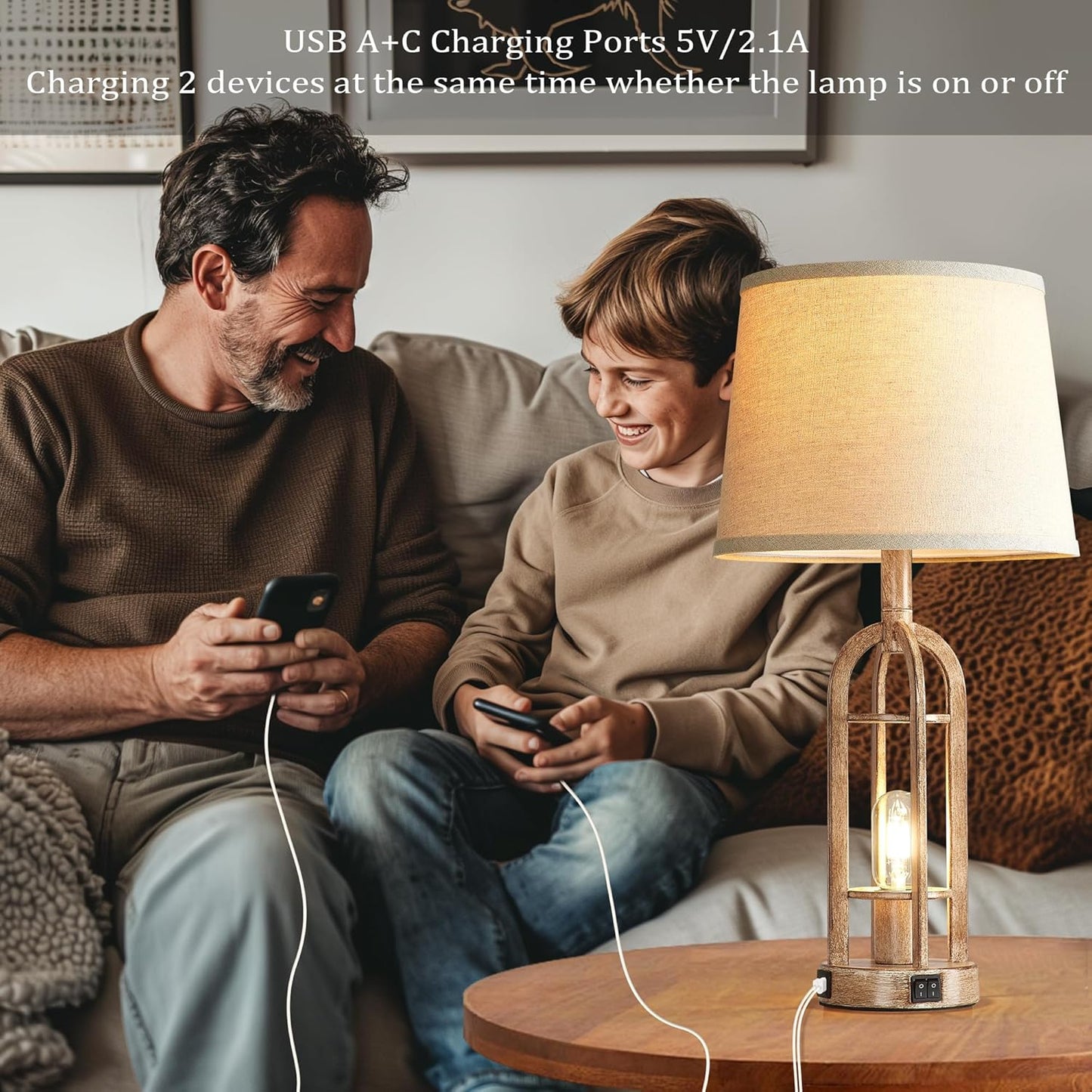 Table Lamps for Living Room End Table Set of 2 - Rustic Farmhouse Bedside Lamps for Bedroom Nightstand with Nightlight and USB A+C, 4 Bulbs Included