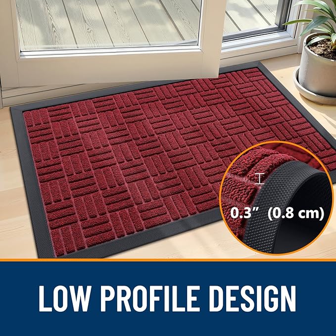OLANLY Front Door Mat Outside Entrance 29.5x17, Absorbent, Heavy Duty Sturdy Natural Rubber Doormat Indoor Outdoor, Non-Slip, Stain and Fade Resistant, Low Profile Floor Mat for Entryway, Black Red