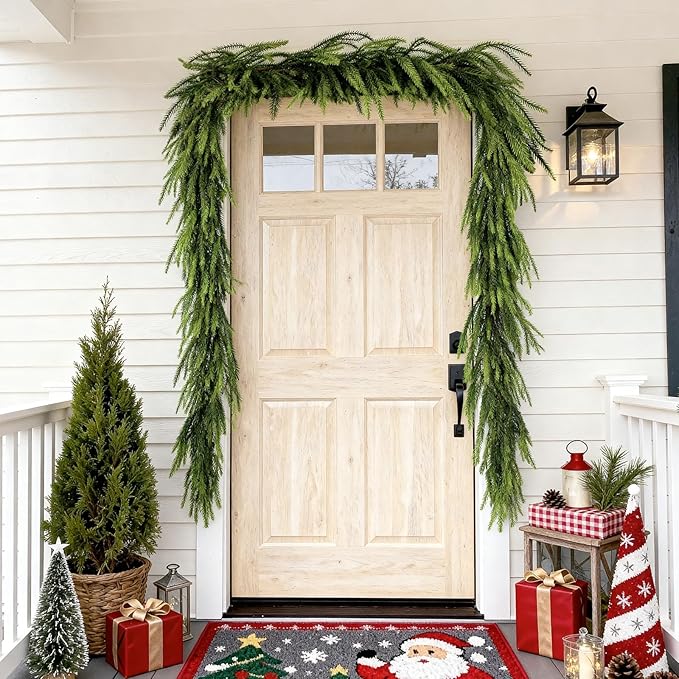 2 Pcs 9 Ft Norfolk Pine Garlands, Artificial Real Touch Winter Christmas Green Greenery Garlands for Mantle, Fireplace, Table, Wall, Outdoor, Indoor Christmas Decorations (9 FT, 2)