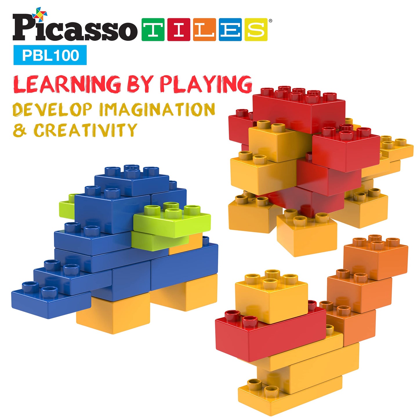 PicassoTiles 100 Piece Large Construction Brick Building Blocks STEM Bricks Toy Set Creative Learning Early Education Playset 5 Colors 4 Unique Shapes Mix & Match Toys for Kids Boys Girls Child Age 3+