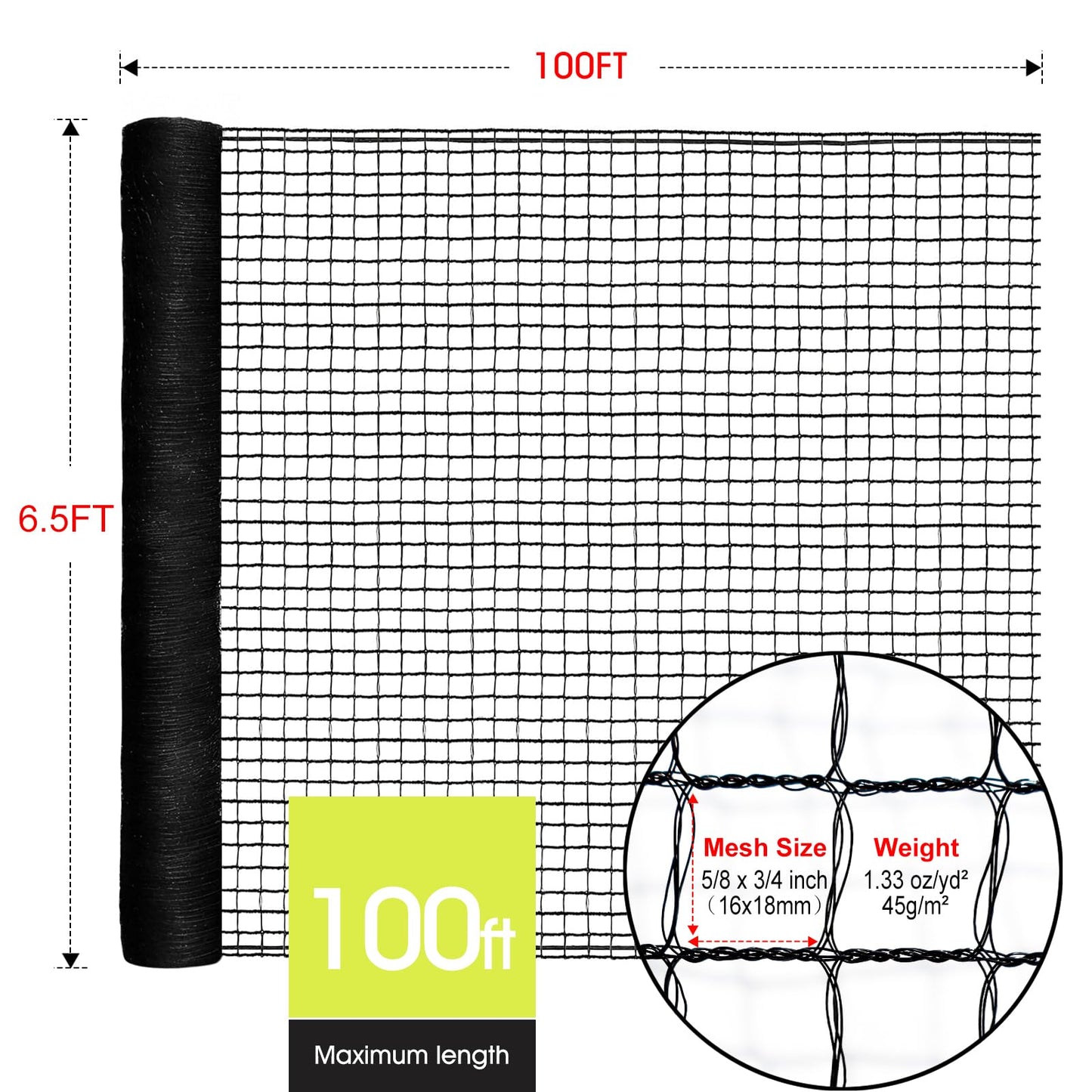 Deer Fence, RIFNY 6.5 x 100 FT Temporary Fence for Garden Outdoor Yard, Plastic Mesh Fencing Netting to Protect Plants Fruit from Deer Dogs Chicken Animal (Black)