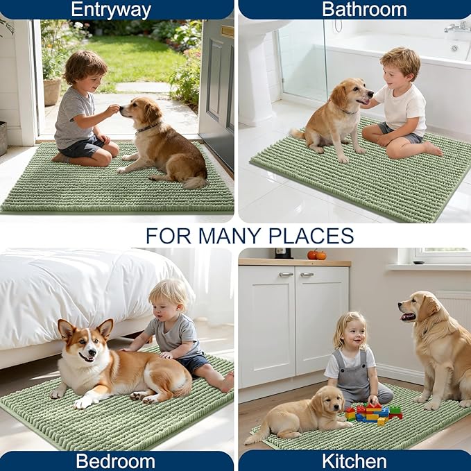 OLANLY Dog Door Mat for Muddy Paws 24x16, Ultra Absorbent Chenille Mud Doormat, Non-Slip Washable and Dirt Trapping Doormat for Indoor Entryway, Quick-Dry Indoor Pet Bed Mats for Dogs, Sage Green