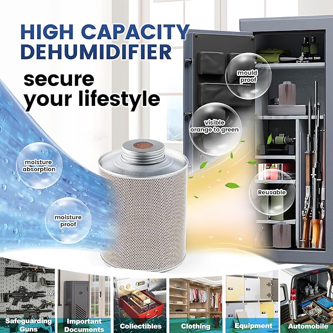750 Grams 5 Pack Gun Safe Dehumidifier, Reusable Canister Desiccant Dehumidifier, Rechargeable 1.65 Lbs Indicating Silica Gel Orange To Green
