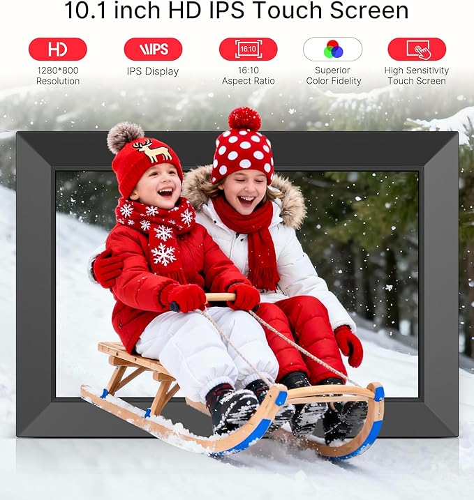 BIGASUO Digital Picture Frame, 10.1" Frameo Digital Frame WiFi with 32GB Memory, 1280x800 IPS Touch Screen, Send Photos/Videos from Your Phone Anywhere, Photo Gifts for Parents and Grandparents