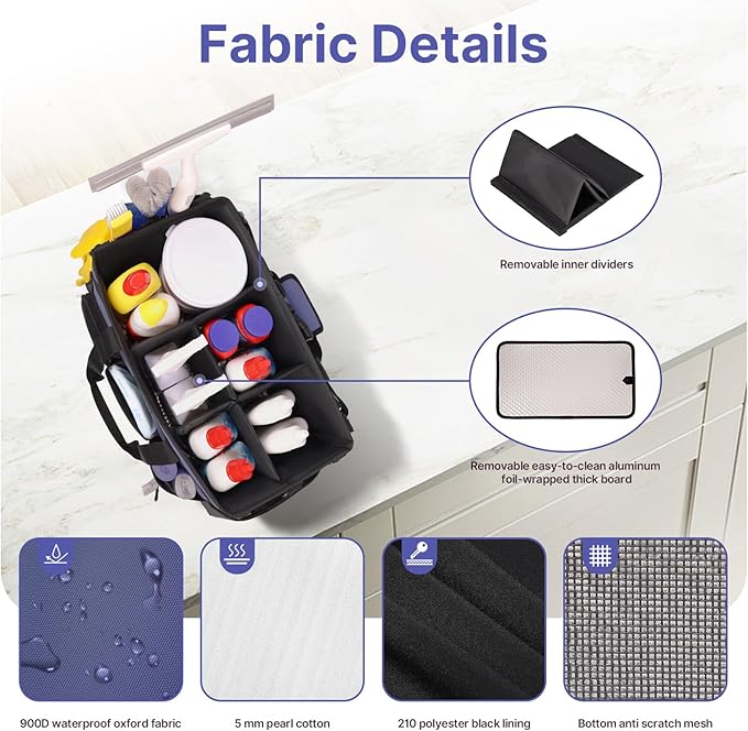 Large Wearable Cleaning Caddy Bags,Cleaning Supplies Storage Bag with Handles and Adjustable Shoulder Strap and Removable Waist Straps,Waterproof Cleaning Bags for Home,Car,Office (Denim Blue)