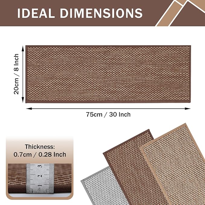 Natural Linen Non Slip Stair Treads, 15 Pack 8" X 30" Carpet Stair Treads with Reusable TPE Adhesive Backing, Non Slip Stair Runner Indoor for Kids Elders and Pets, Machine Washable, Brown Weave