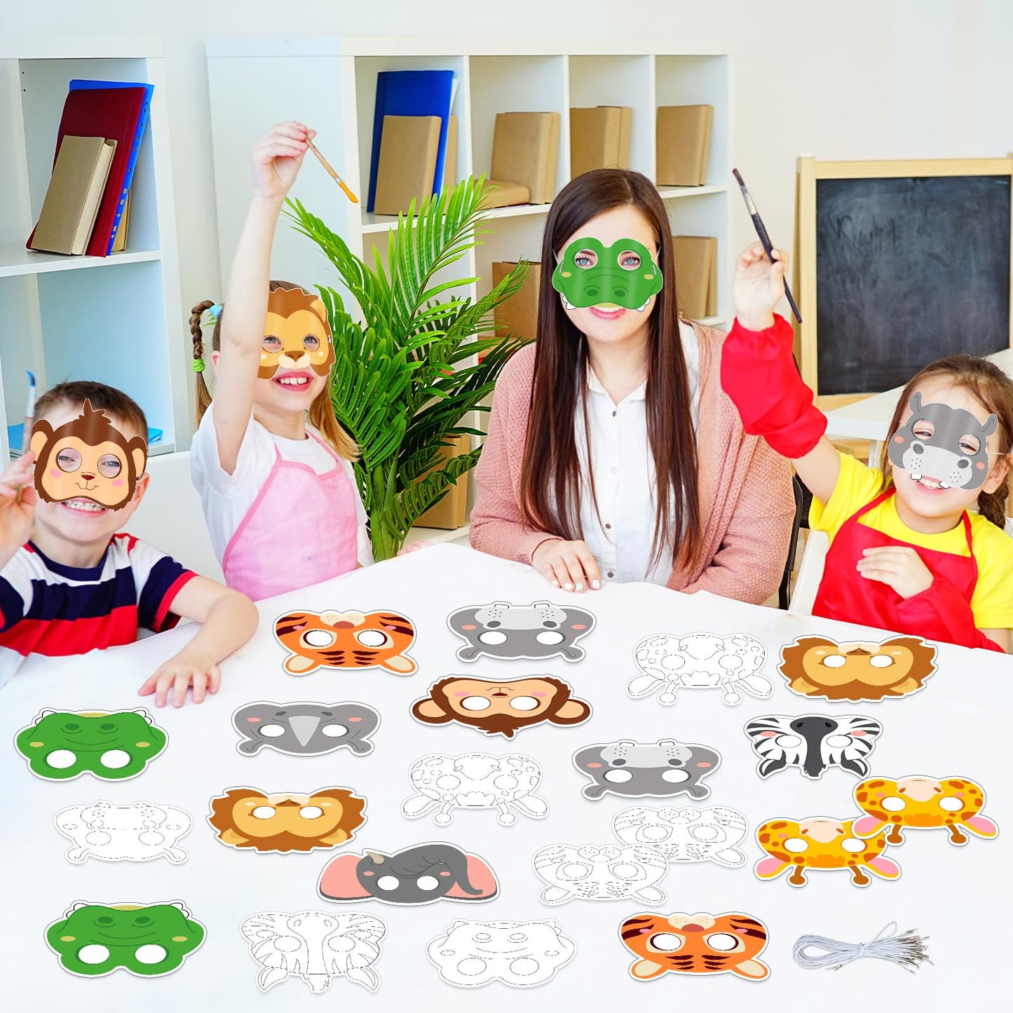 63Pcs Color Your Own Animal Masks Crafts for Kids DIY Paper Blank Jungle Animal Party Favors Lion Tiger Monkey Masks Making Kits with Ropes for School Class Activities Birthday Party Supplies