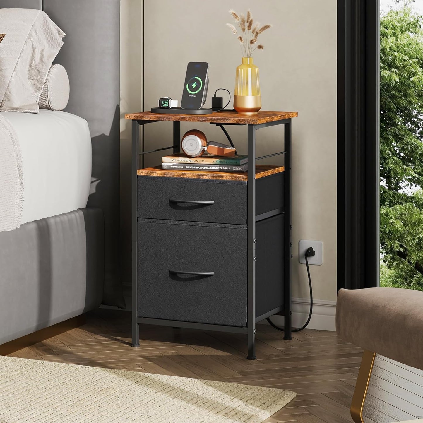 WLIVE Nightstands Set of 2, Night Stand Set 2 with Charging Station, Bedside Tables for Bedroom, Side Table with 2 Fabric Drawers, Small Dresser, USB Ports and Outlets, Black and Rustic Brown