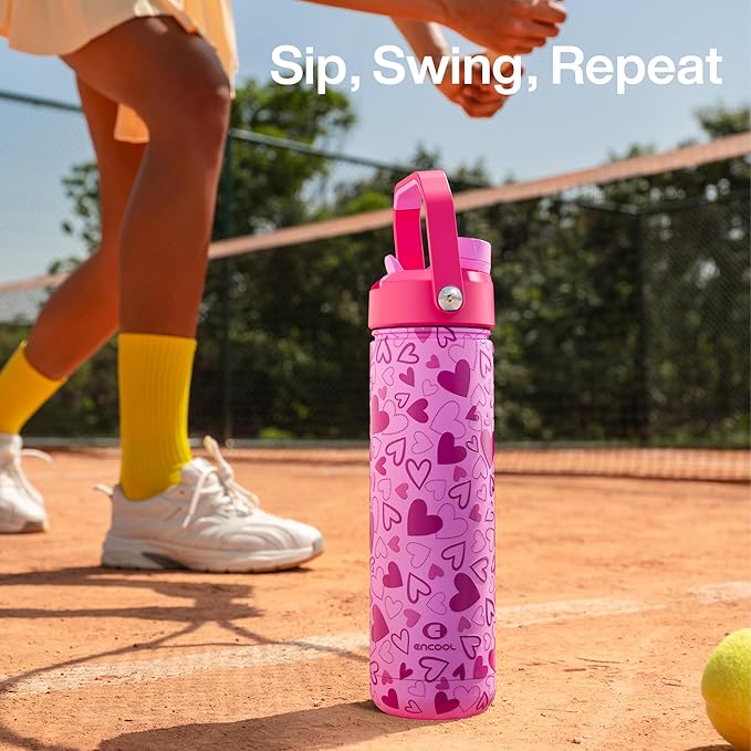 ENCOOL Valentine's Day Insulated Water Bottle with Straw Stainless Steel Water Bottle, Leak-Proof, BPA-Free, Keeps Cold for 24 Hours for Sports, Travel, School (26 oz, Sweet Hearts Pink x Pink)
