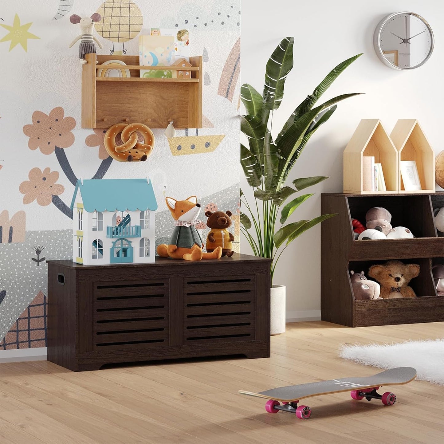 DINZI LVJ Storage Chest, 43.3” Wooden Toy Box with 2 Safety Hinges, Retro Entryway Shoe Storage Bench with Flip-Top, Sturdy Large Storage Trunk for Living Room, Bedroom, Easy Assembly, Espresso