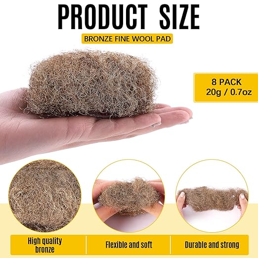 8 Pcs Fine Grade Bronze Wool Pads 0.7 Ounce Hand Pad Brass Wool Copper Soft and Reusable Bronze Pads for Polish, Smooth, Stand Strip Wood and Metals Surfaces