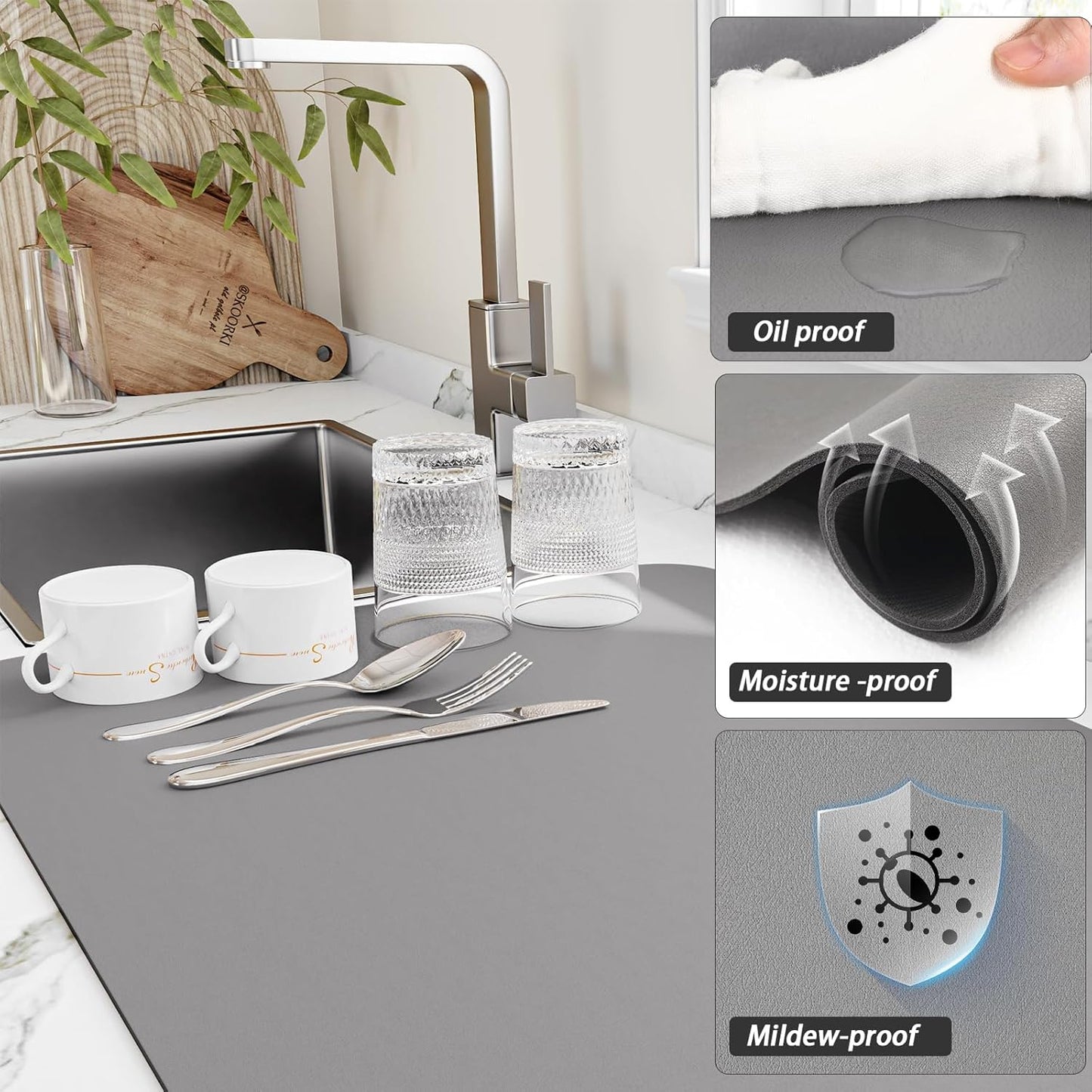 Dish Drying Mat for Kitchen Counter, Heat Resistant Drainer Mats with Non-slip Rubber Backed, Hide Stain Kitchen Super Absorbent Draining Mat, Easy to Clean Dish Rack Pad, Grey 18"x28"