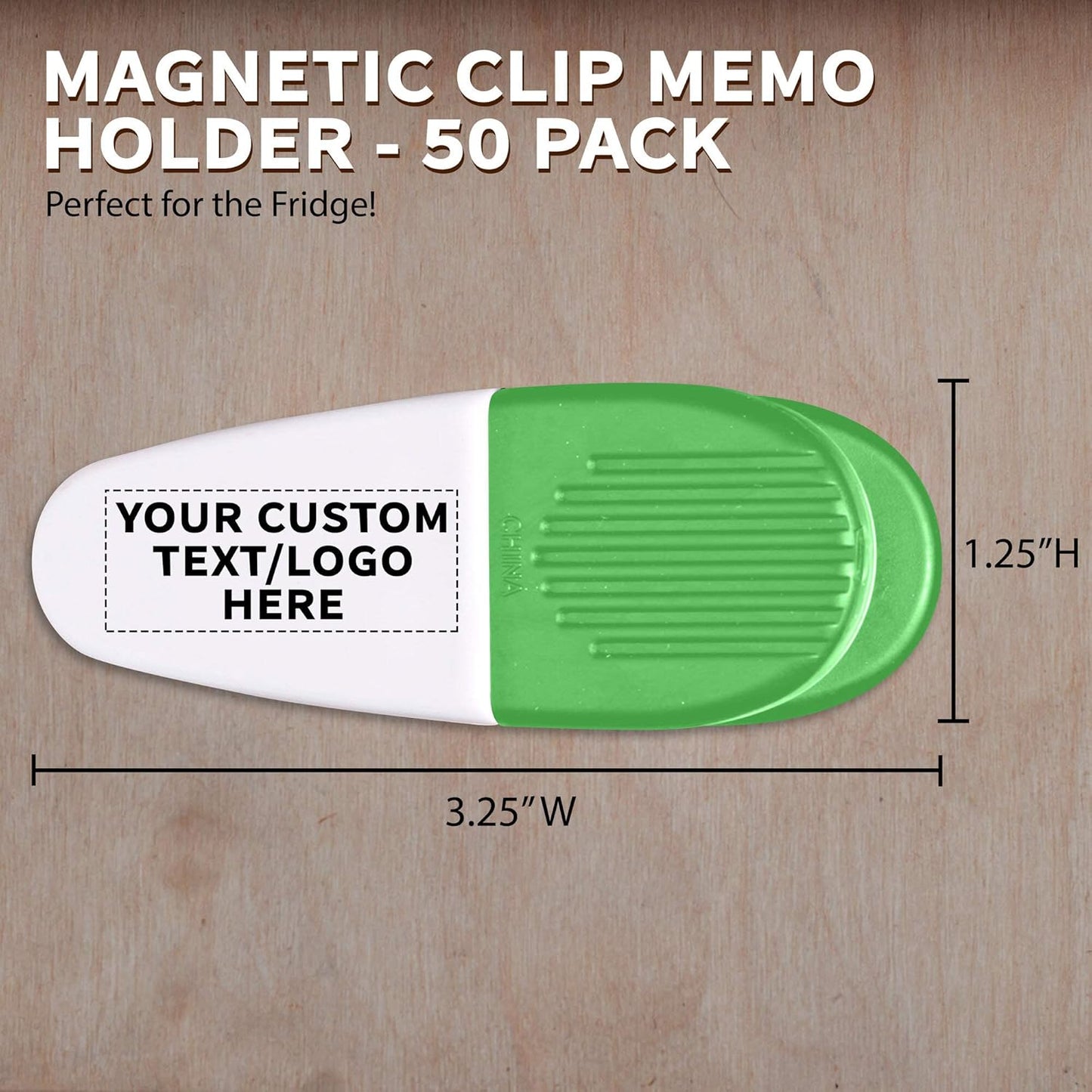 50 Magnetic Memo Holders Set - Customizable Text, Logo - Large Clip, Plastic - White Green