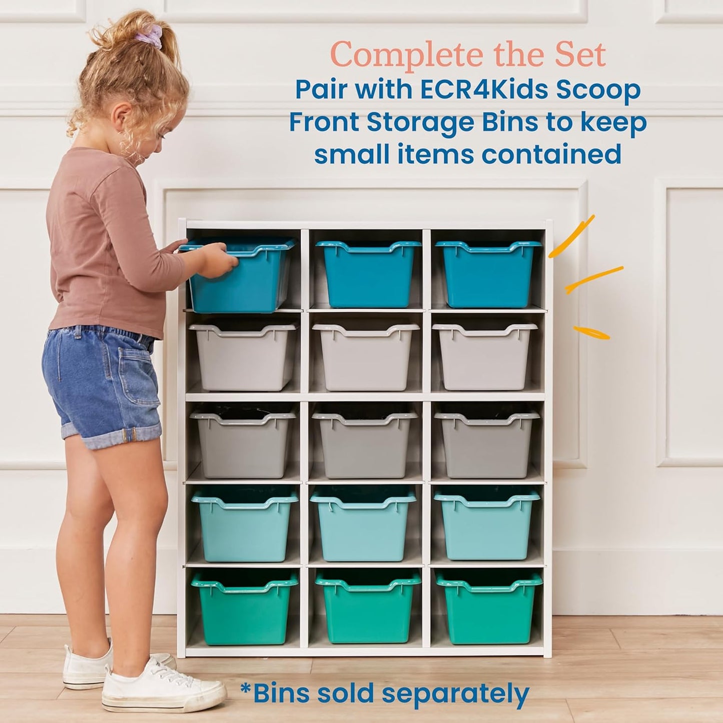 ECR4Kids Streamline 15 Cubby Tray Storage Cabinet, 5x3, Classroom Furniture, White Wash