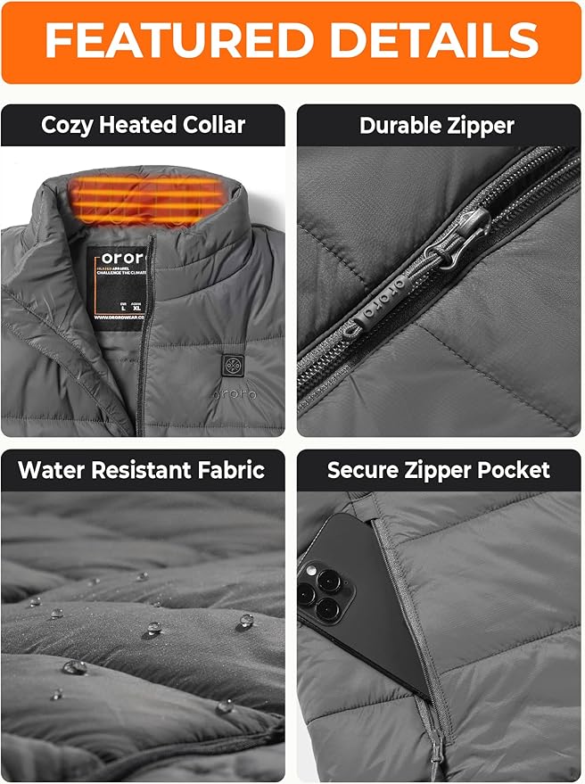 ORORO Men's Lightweight Heated Vest with USB-C Rechargeable Battery, Puffer Classic Heating Vest