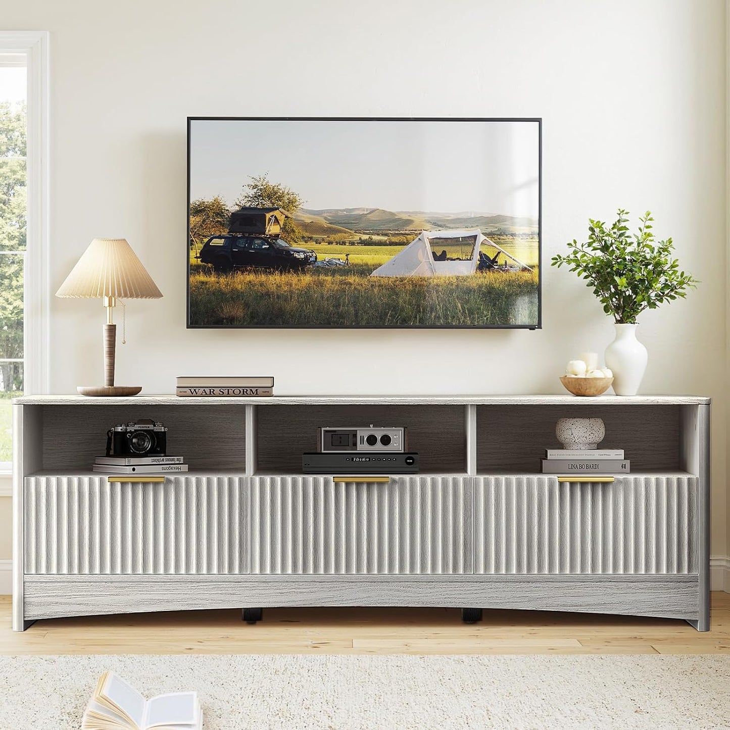 Marsail 59″ Wide TV Stand for TVs Up to 65″, Modern Entertainment Center with Fluted Panels, 3 Easy-Sliding Drawers, Open Shelves & Cable Hole, Sturdy 3-Tier TV Stands for Living Room & Bedroom, Grey