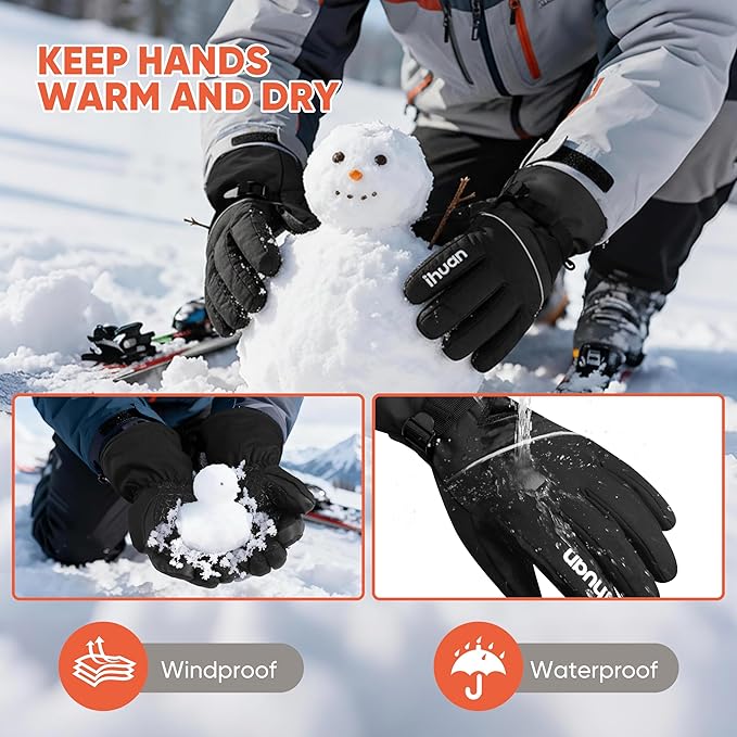 ihuan Winter Waterproof Ski Gloves Men Women, Snow Warm Cycling Cold Weather, Driving Biking Running