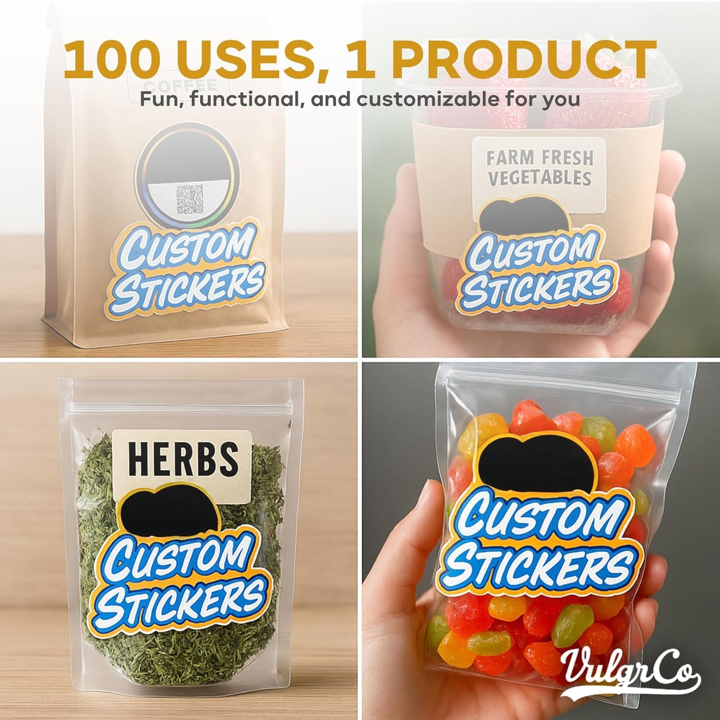 VulgrCo Custom Stickers, Set of 100 Individually Die Cut Personalized Stickers, Print Your Own Sticker, UV-Resistant Customized Sticker Labels for Jars, Laptops, Bottles & More