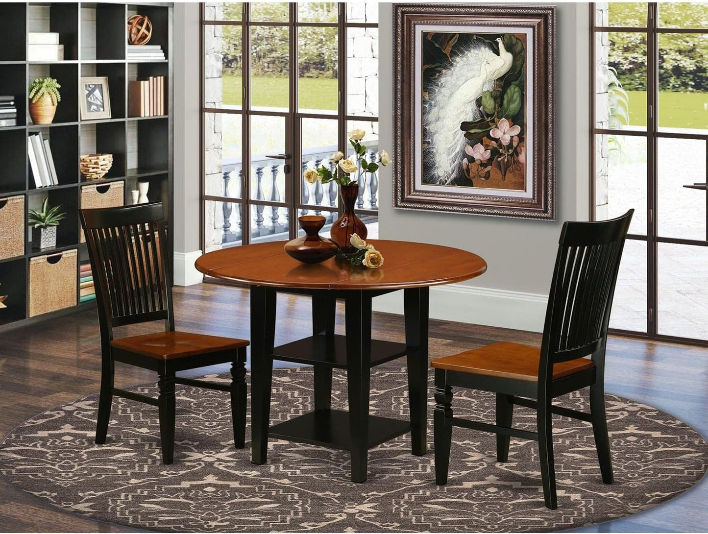 East West Furniture SUWE3-BCH-W 3 Piece Dining Room Furniture Set Contains a Round Kitchen Table with Dropleaf & Shelves and 2 Dining Chairs, 42x42 Inch, Black & Cherry