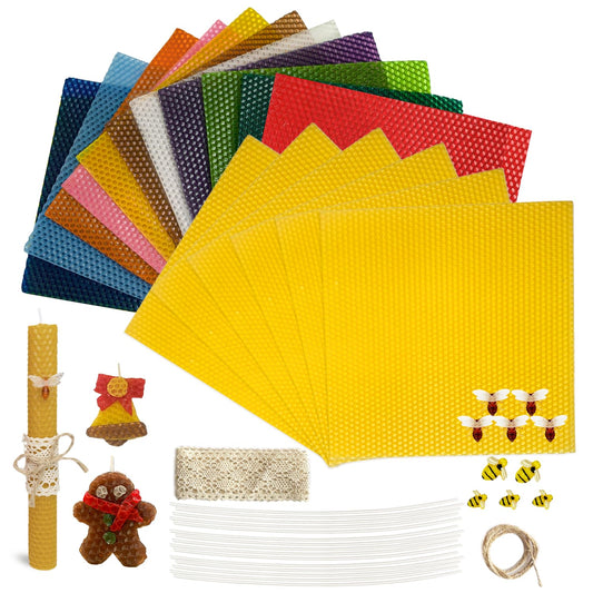 Lacaser Beeswax Sheets for Candle Making Kit, Pure Bees Wax Made Candle Sheets, Include Bee Ornaments, Lace, Cotton Wicks, Gift Tag & Hemp Rope, Size 8"x 8", 16pcs in Assorted Colors