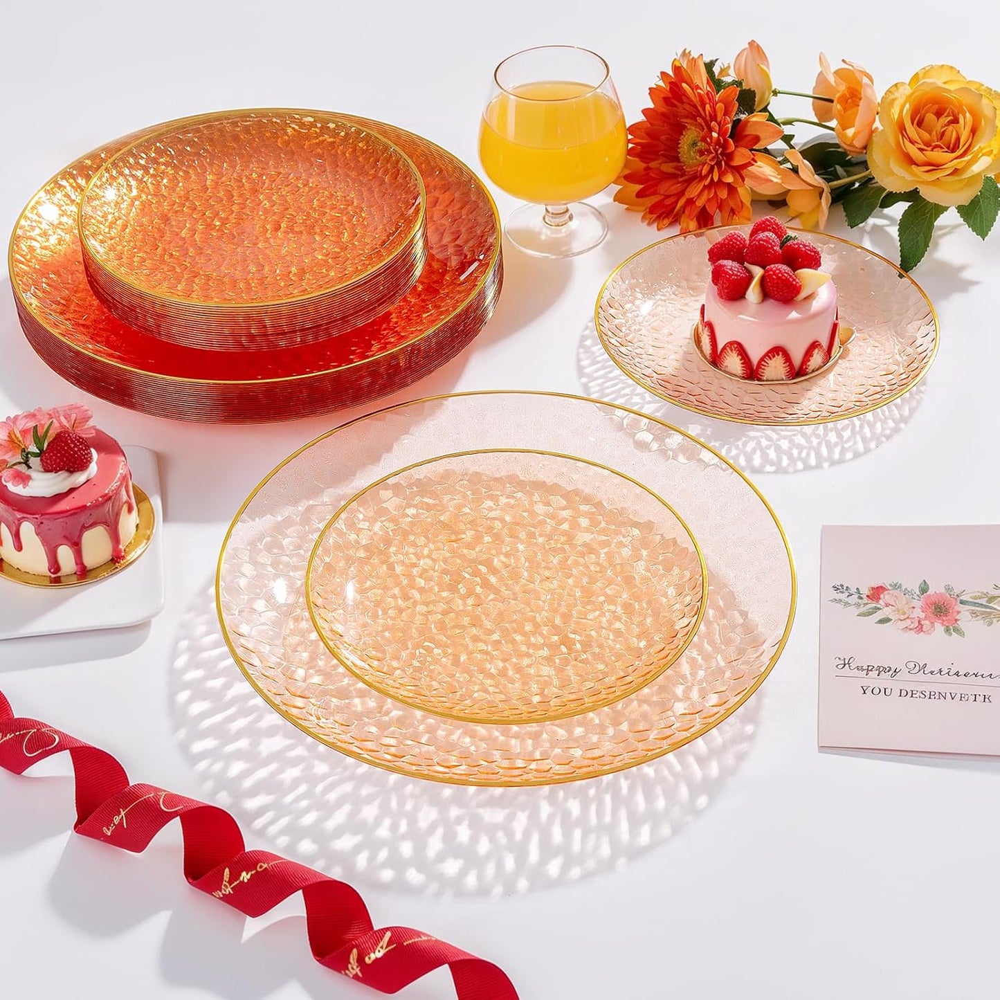 Rubtlamp 60Pcs Orange Plastic Plates, Orange Disposable Plates With Gold Rim, Hammered Plastic Plates Include 30 Dessert Platos, 30 Dinner Platos for Party, Thanksgiving