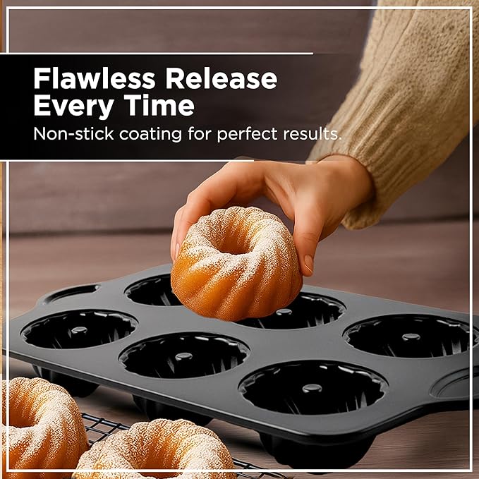 Wrenbury Swirl Buntz Pan for Baking Mini Non-Stick - 6 Cup Fluted Cake Tin for Small Cakes - PFOA Free and Dishwasher Safe - 3.75” Cup Width
